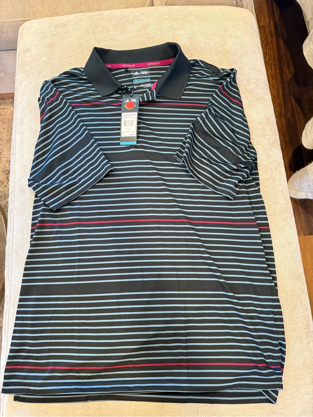 NWT Adidas Black Polo with Light Blue and Red Stripes
